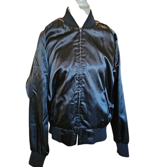 Retro 80s‎ Mens Medium Black Satin Bomber Jacket Shiny Vintage Classic Zip - Picture 1 of 10
